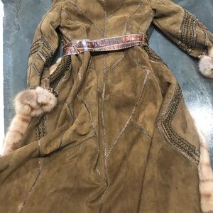 Full length Sable and Shearling coat with bejeweled leather belt and wrist cuffs